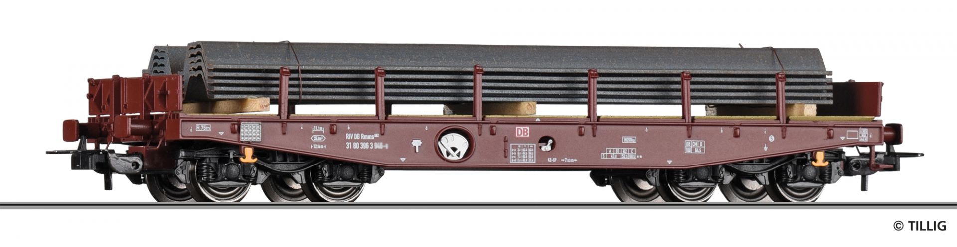 Schwerlastwagen Rmms 662 der DB AG, beladen mit Stahlprofilen, Ep. V