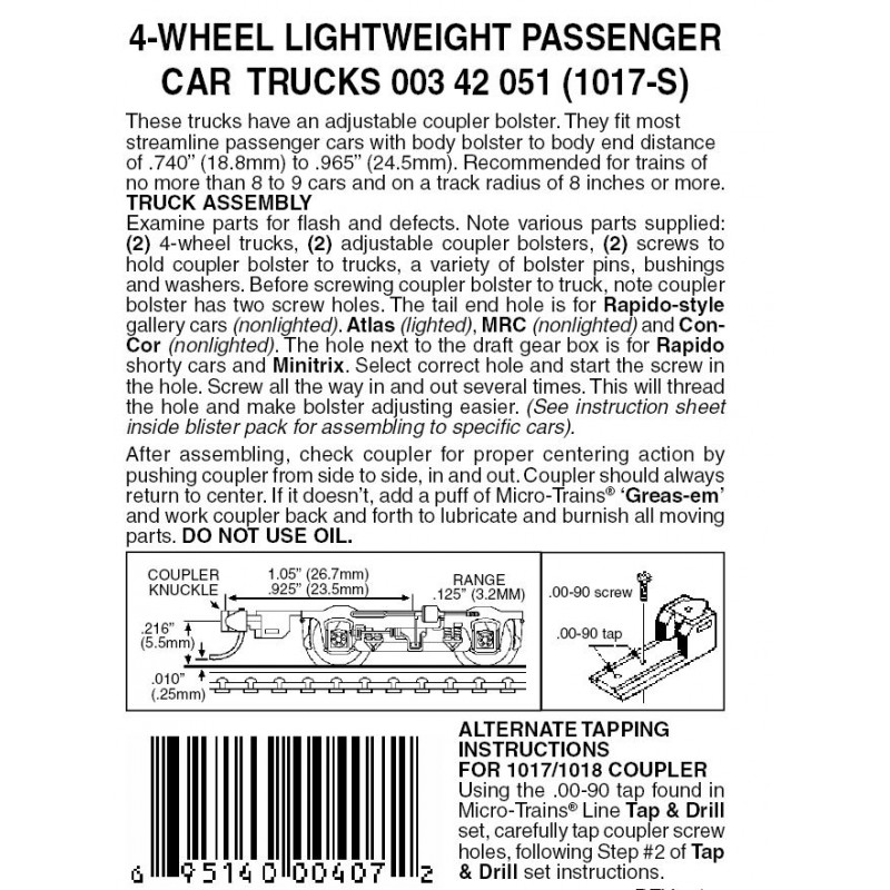 4-Wheel Pass Trucks w/ adj. couplers Silver 1pr (1017S)