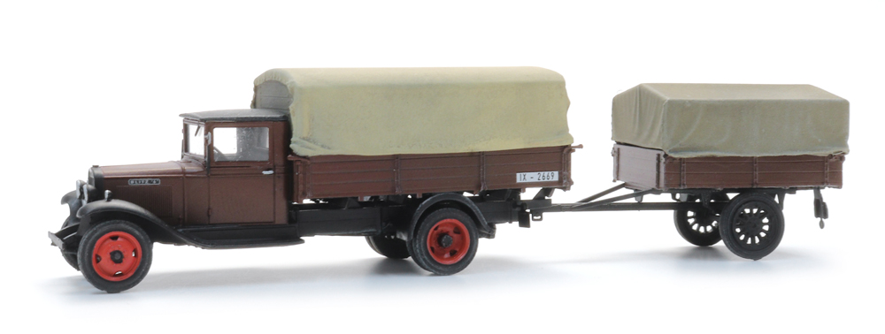 Opel Blitz 6 flatbed truck and trailer with tarpaulin