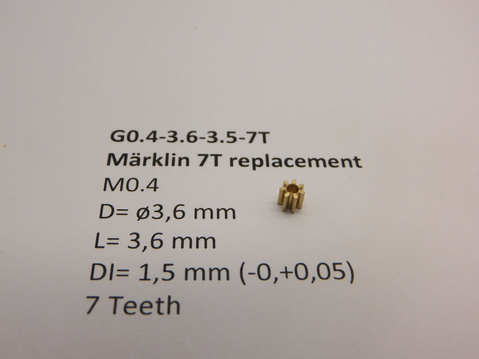 Drev M0.4 D=ø3.6 L=3.5 DI=1.5 mm, 7 tänder (Märklin)