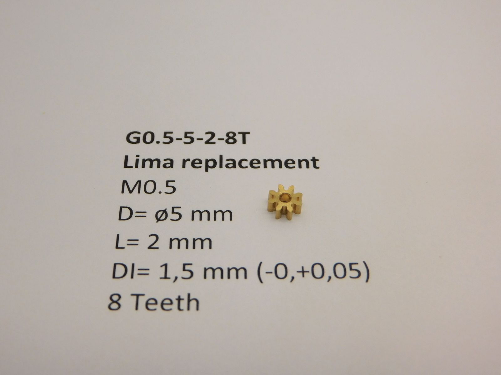 Drev M0.5 D=ø5 L=2 DI=1.5 mm, 8 tänder (Lima)