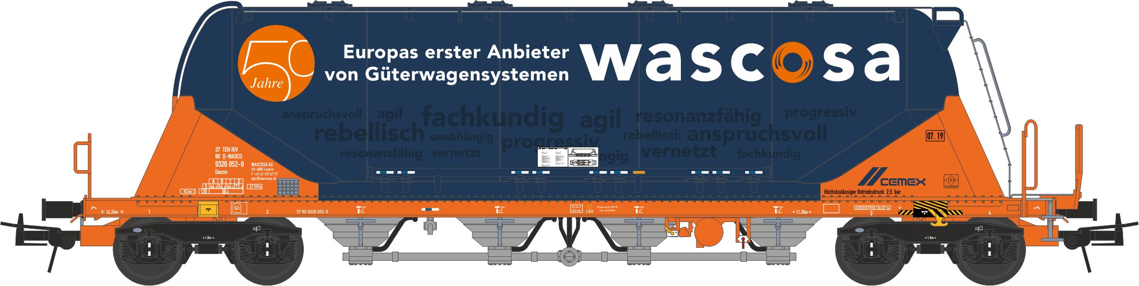 Cementsilovagn Uacns 'WASCOSA', jubileumsvagn, blå/orange