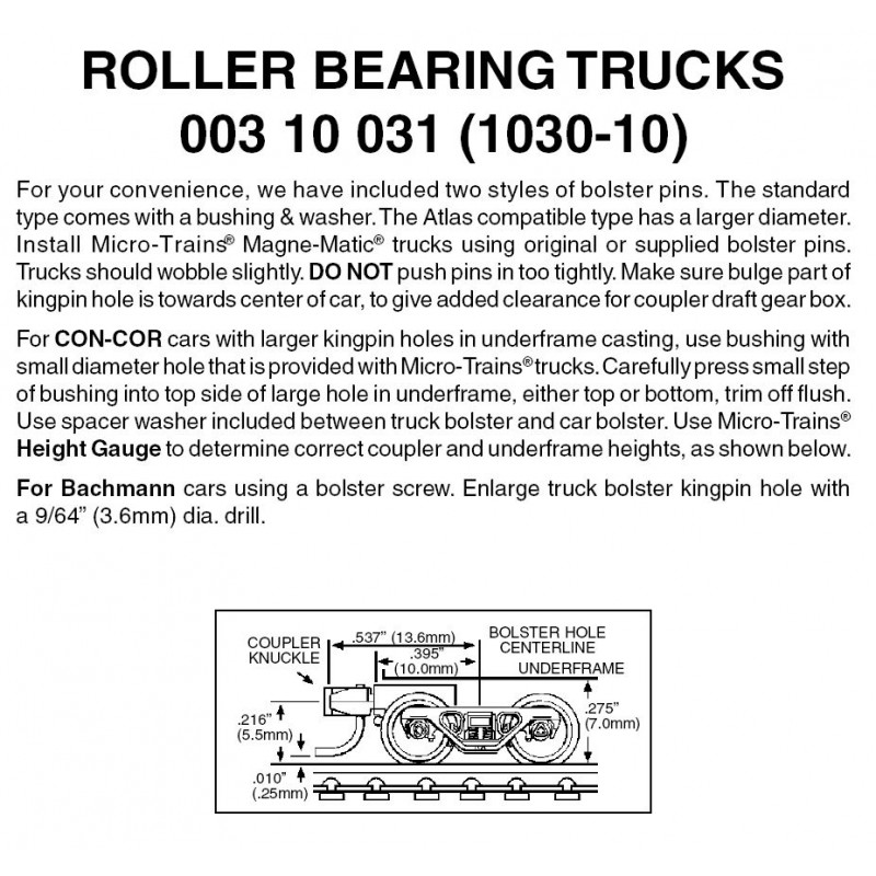 Roller Bearing Trucks w/ short ext. couplers 10pr (1030-10)