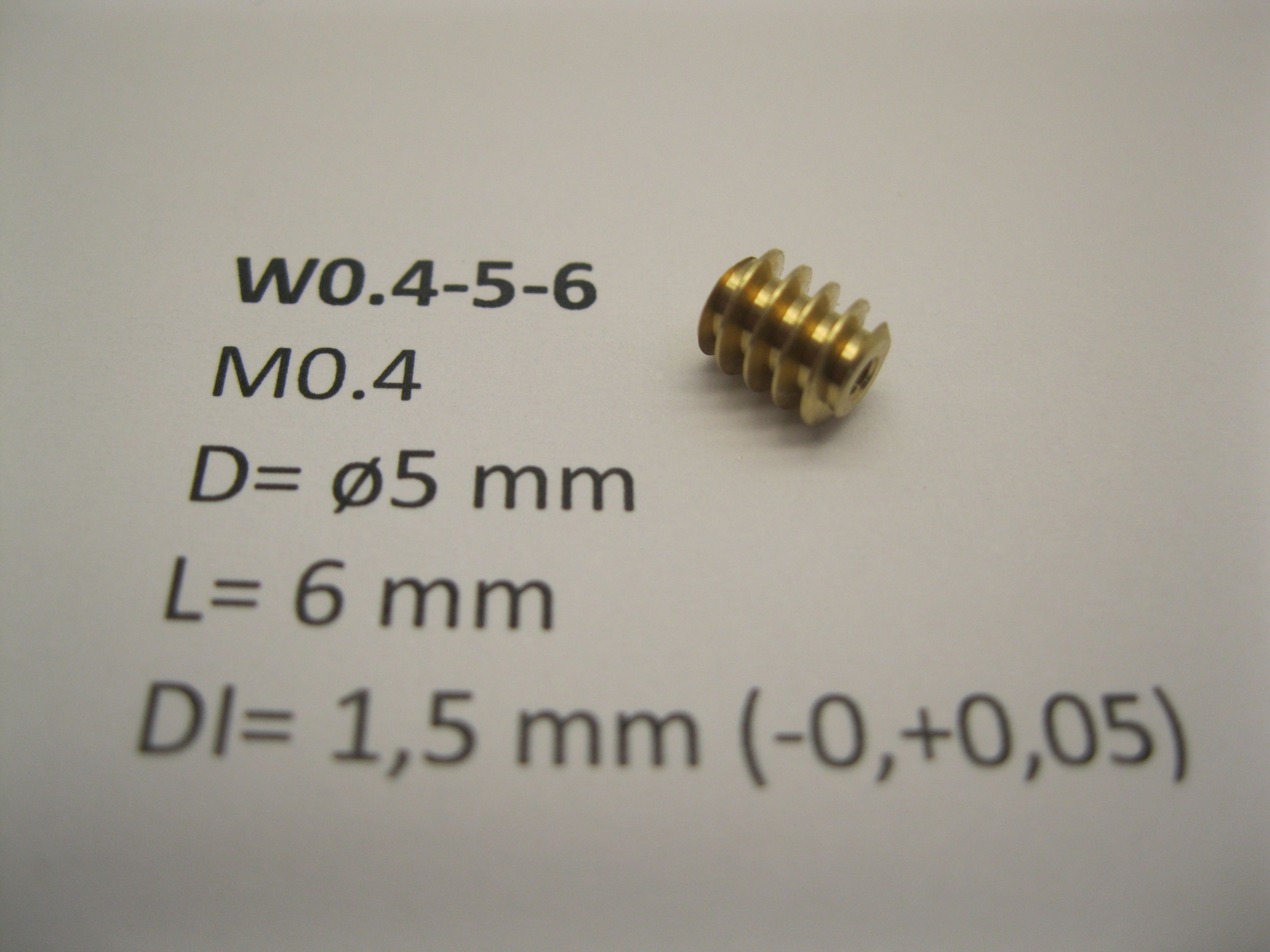 Worm gear M0.4 D=ø5 L=6 DI=1.5 mm Brass