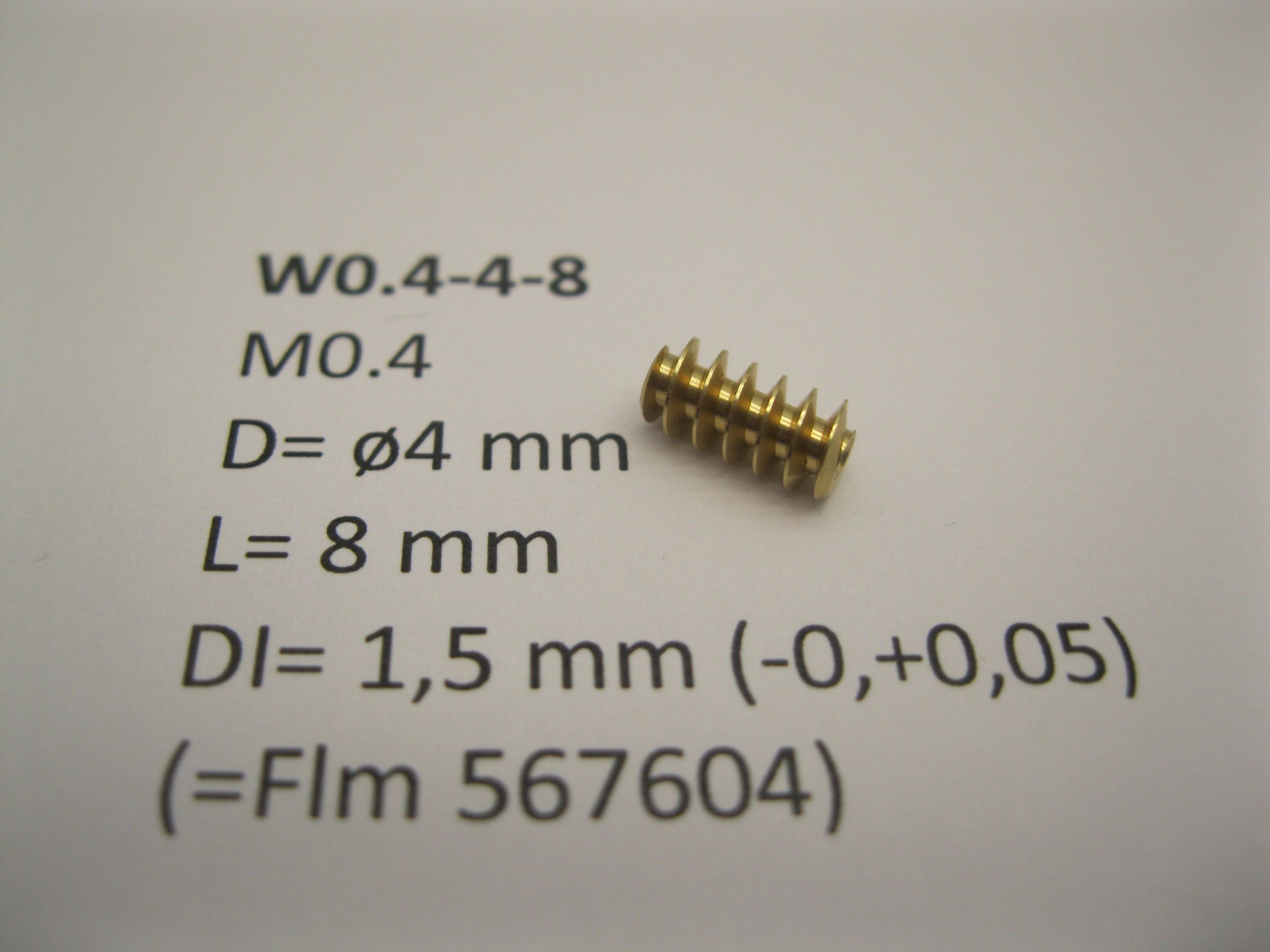 Worm gear M0.4 D=ø4 L=8 DI=1.5 mm (=Flm 567604) Brass