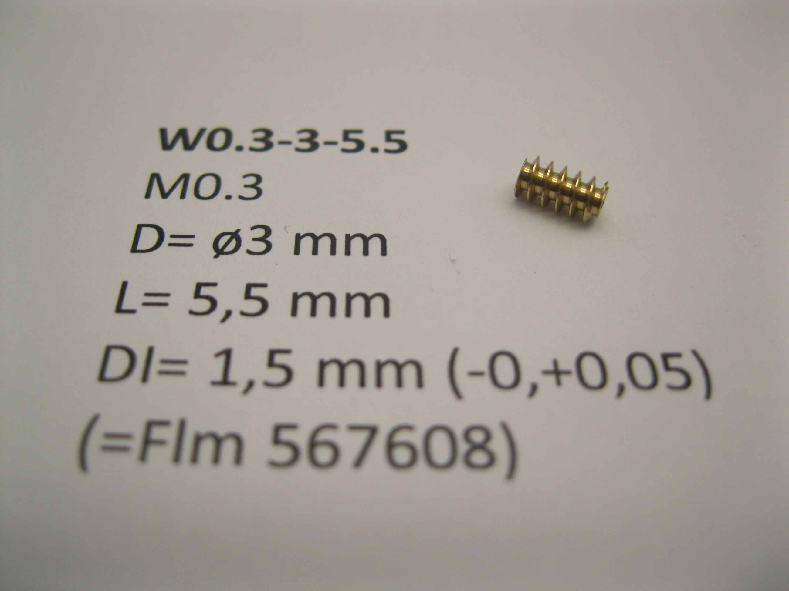 Worm gear M0.3 D=ø3 L=5.5 DI=1.5 mm (=Flm 567608) Br.