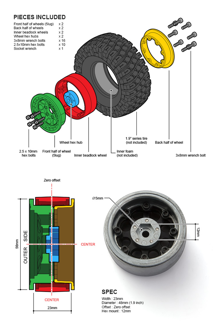 1.9 AR01 5 Lug Aluminum beadlock wheels (2) - 3