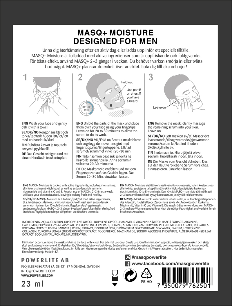 MASQ+ Moisture, designed for men. Nominerad Swedish Beauty Awards.  - 3