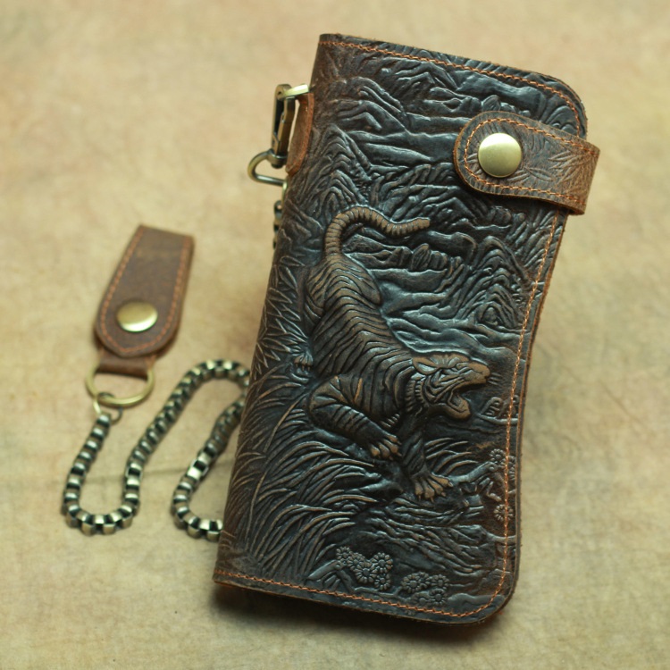 Vintage Dragon Long Wallet Purse Horse Leather Man With Chain - 2