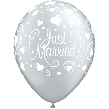 Silver Just Married ballong m hjärtan 6 st