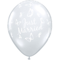 Genomskinlig Just Married ballong m fjäril 5 st