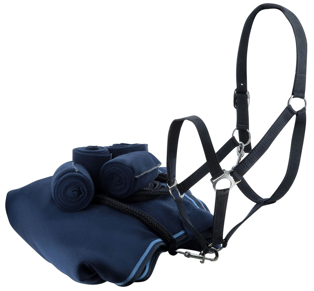 RIDING WORLD Set Med Grimma, Grimskaft, Benlindor, Fleecetäcke Navy (5'9 - 125 cm)