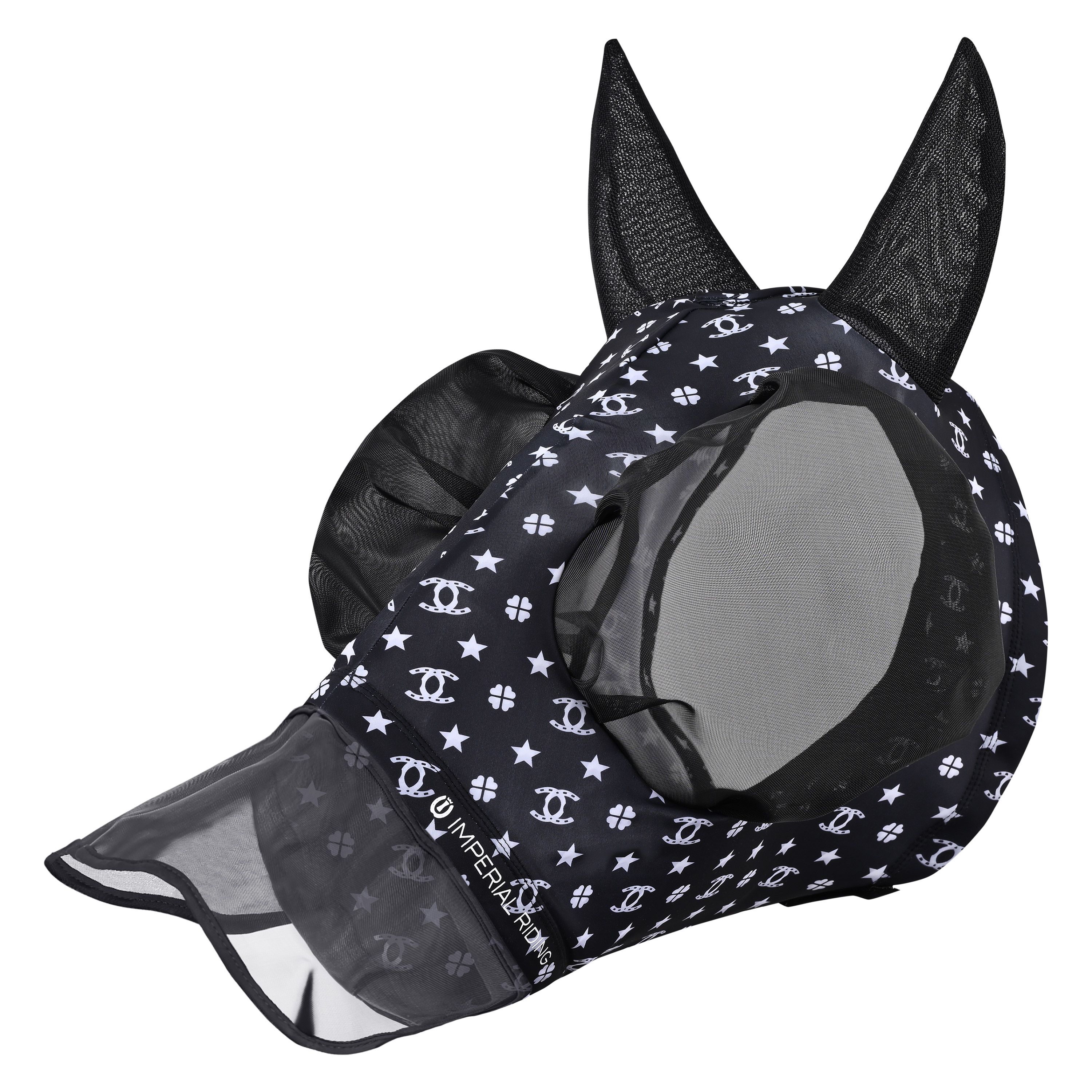  Imperial Riding IRHTrail Ride Fly Hood with Nose - Black AOP, Pony - 2