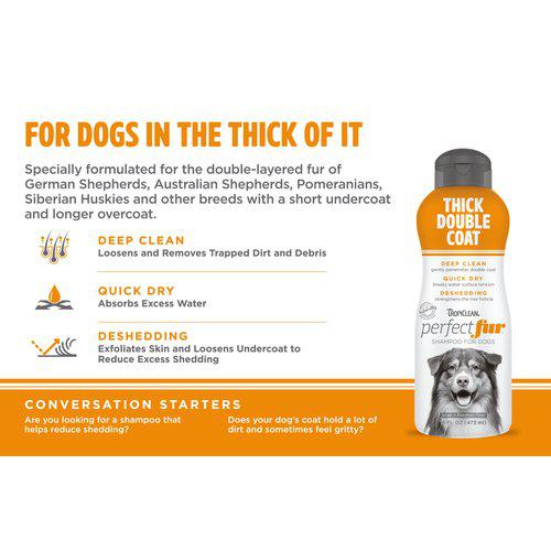 Tropiclean Perfect Fur Shampoo for thick double coat - 473 ml Gently exfoliates the skin