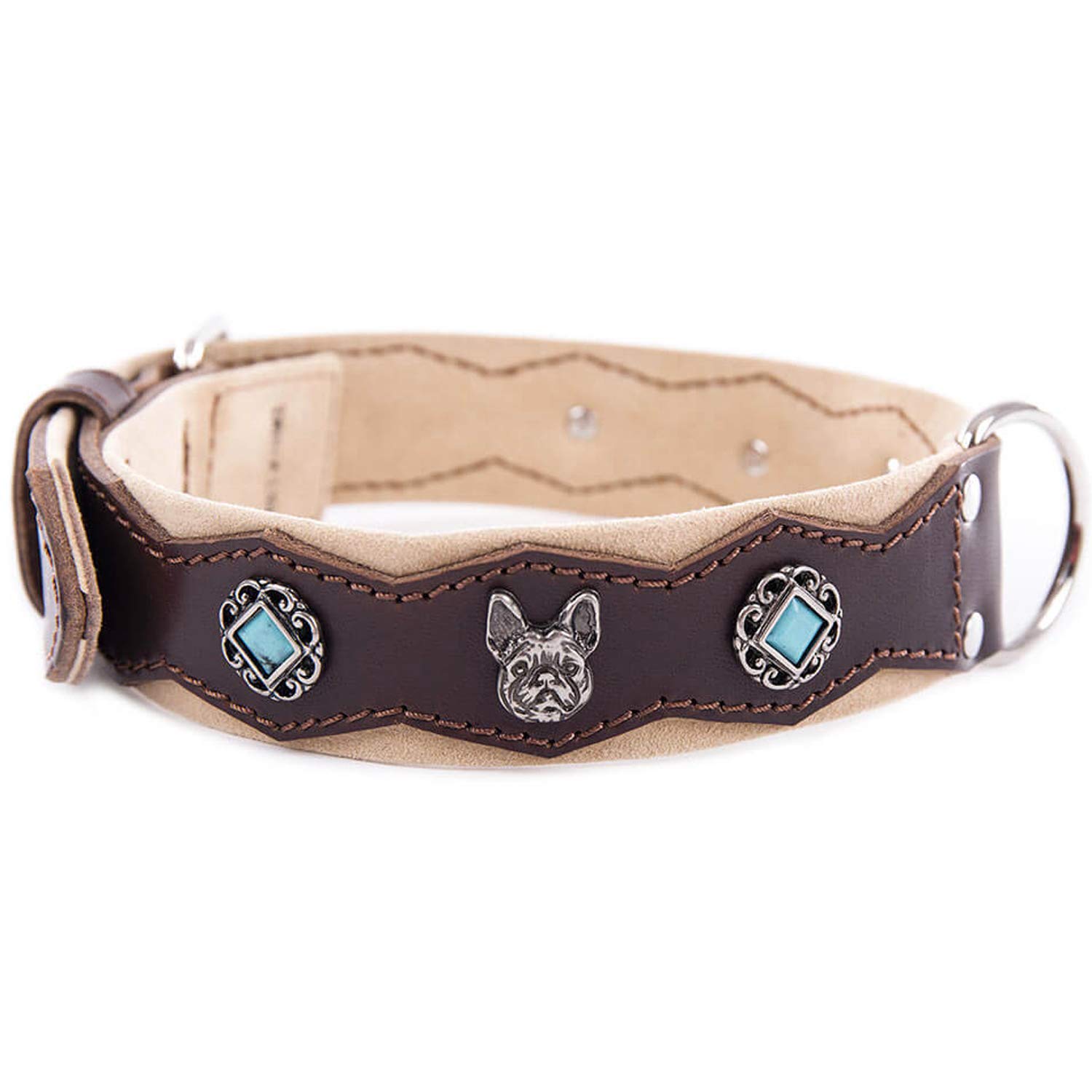 Martin Sellier Bulldog Turquoise Läderhalsband med Nitar - Brun, 55 - endast detta ex