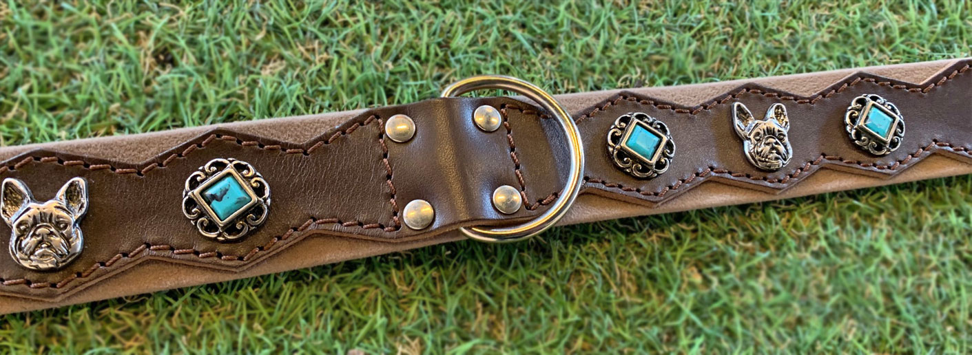 Martin Sellier Bulldog Turquoise Läderhalsband med Nitar - Brun, 55 - endast detta ex - 2