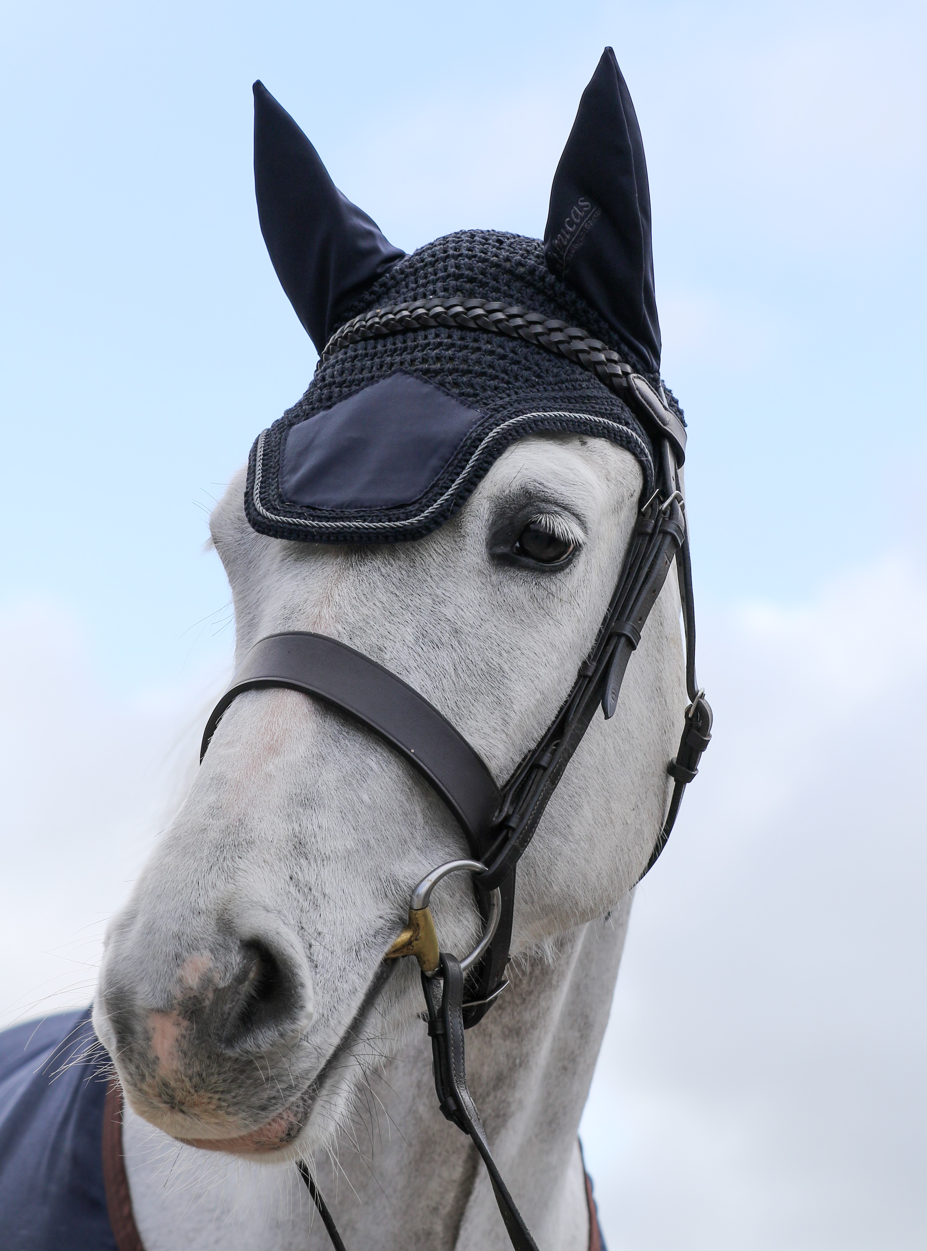 Bucas Show-Line Fly Bonnet - Navy/Grey - Hand-crocheted  