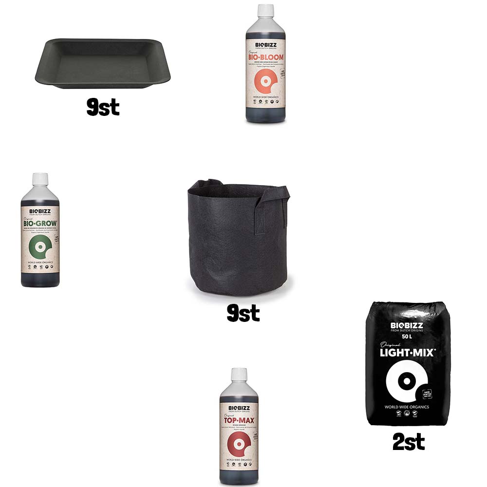 Startpaket textilkrukor 9×11 L – Biobizz näring, jord & krukunderlägg