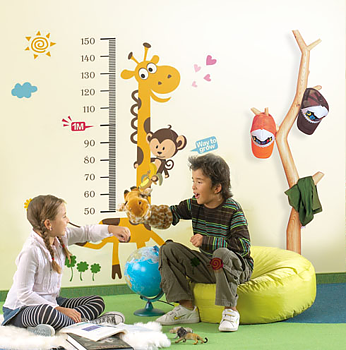 Väggdekor -Mätsticka med motiv av bl.a. Giraff och Apa, 180 x 88 cm