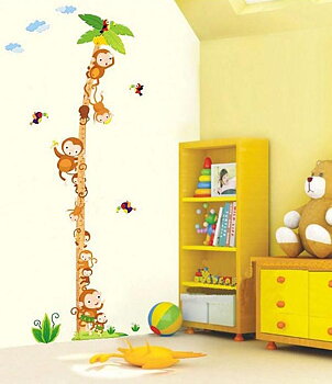 Väggdekor -Mätsticka med motiv av bl.a. Palm och Apor, 170 cm hög