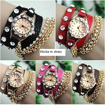 Bracelet Watch chain & strass - black