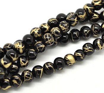Waxed Glass Beads, 6mm black & gold