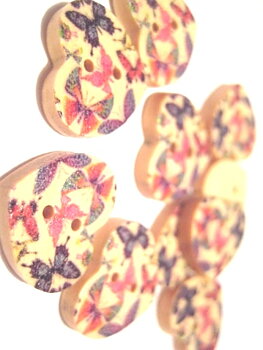 Träknappar, Hjärtan, 17x15mm, Fjärilar mix