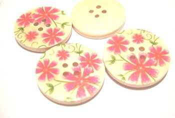 Wood buttons, 30mm   Pink flowers