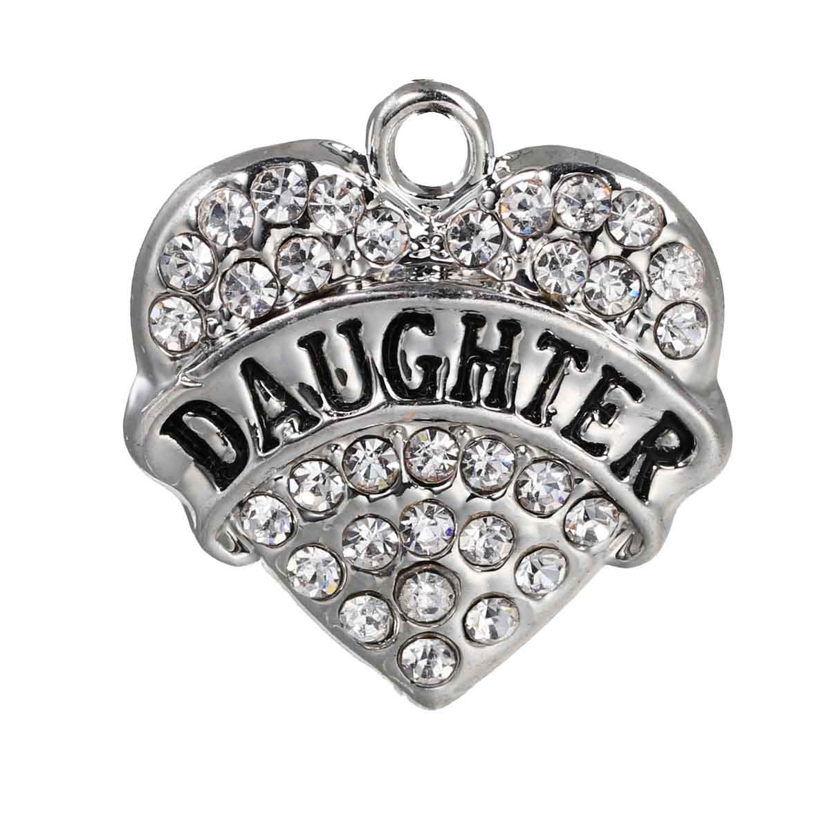 Charm - silver heart "Daughter" rhinestones