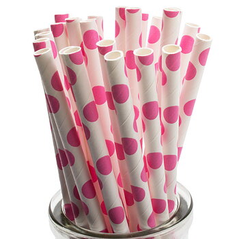 Sugrör i papper -  Big dots - Vit/Cerise