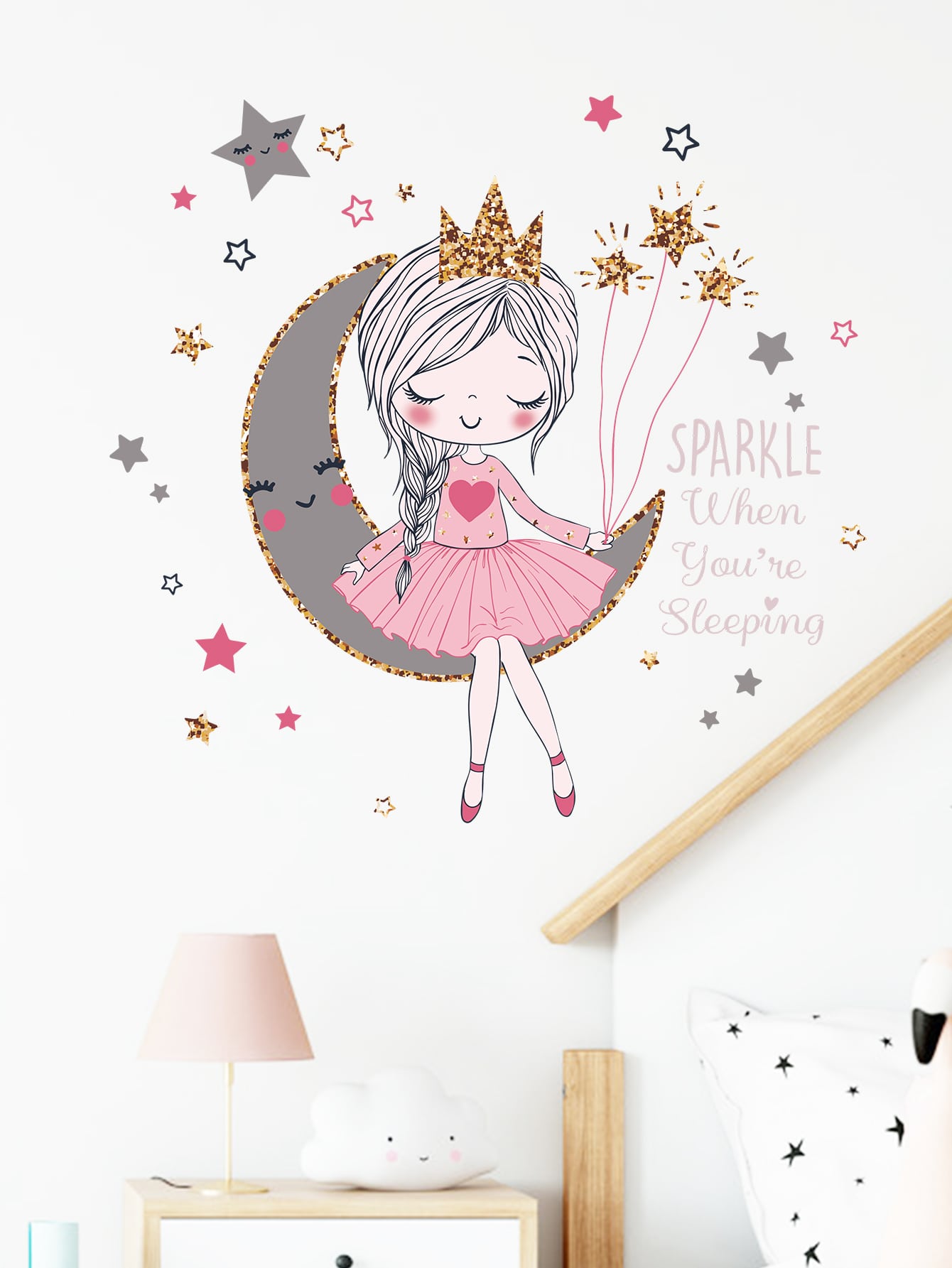 Wall deco,  Girl on moon "Sparkle while you´re sleeping"