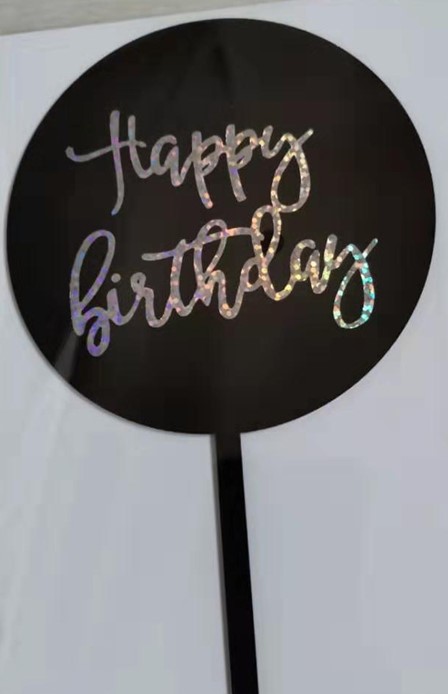 Cake Topper / Tårtdekoration i akryl - "Happy Birthday", Svart rund