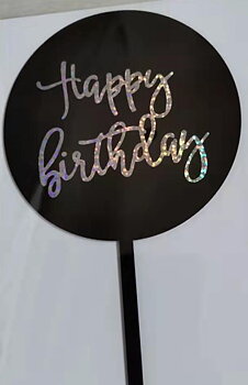 Cake Topper / Tårtdekoration i akryl - "Happy Birthday", Svart rund