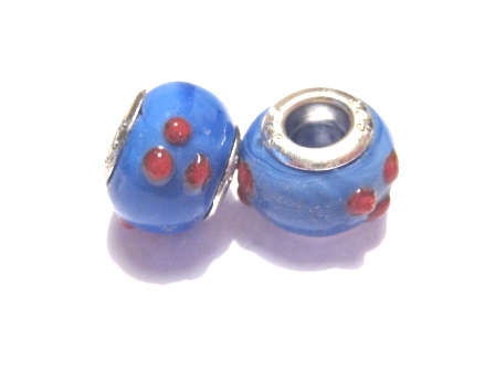 Charm - Lampwork, Blå m röda dots