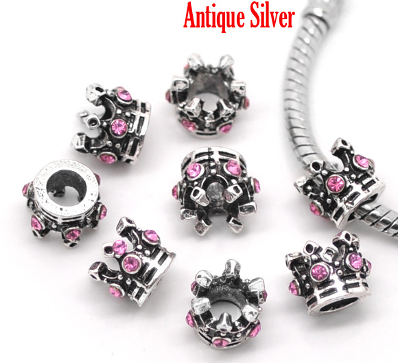 Bead / pendant- crown silver m. rhinestones, pink - 3