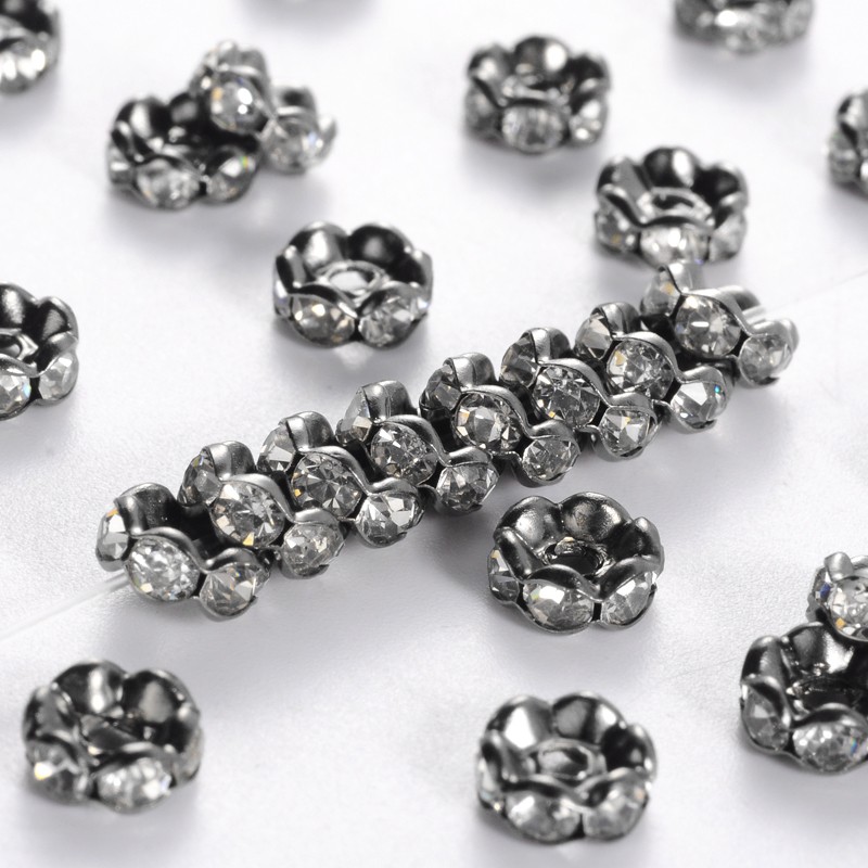 Rhinestone rondelle 6mmm,  Gunmetal,  Clear
