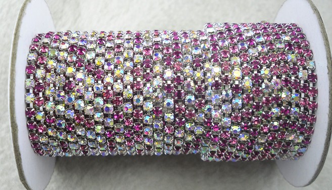 Rhinestone Chain Silver, Pink & clear AB, 2,8mm