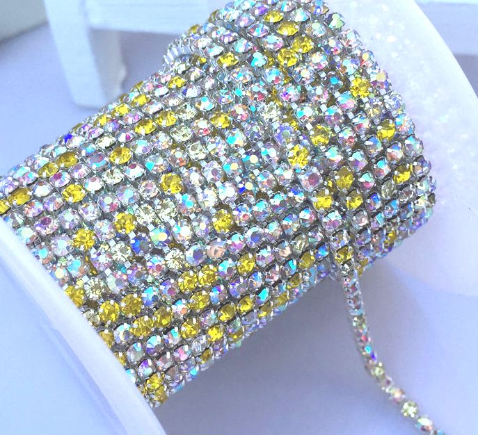 Rhinestone Chain Silver Yellow /clear AB SS6