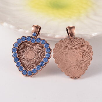 Cabochon Setting / Charm Copper, rhinestone Heart blue