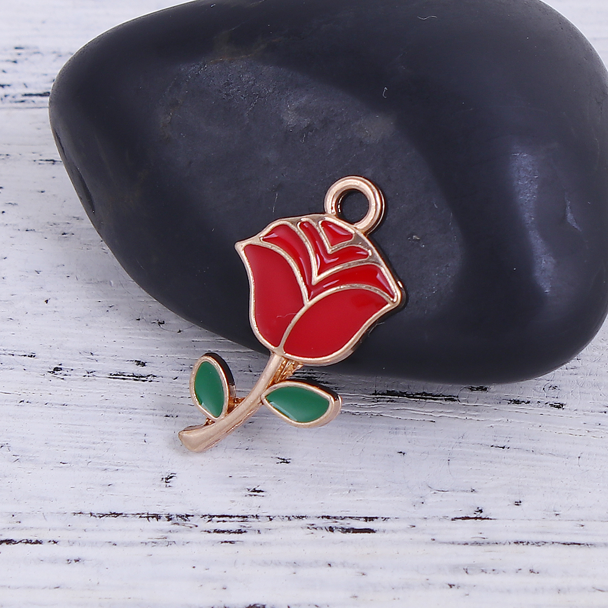 Charm -  enameld   rose , Red