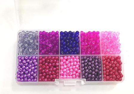 Pärlmix i förvaringsask,PINKY , 10mm Crackle & Vaxade, ca 100st pärlor