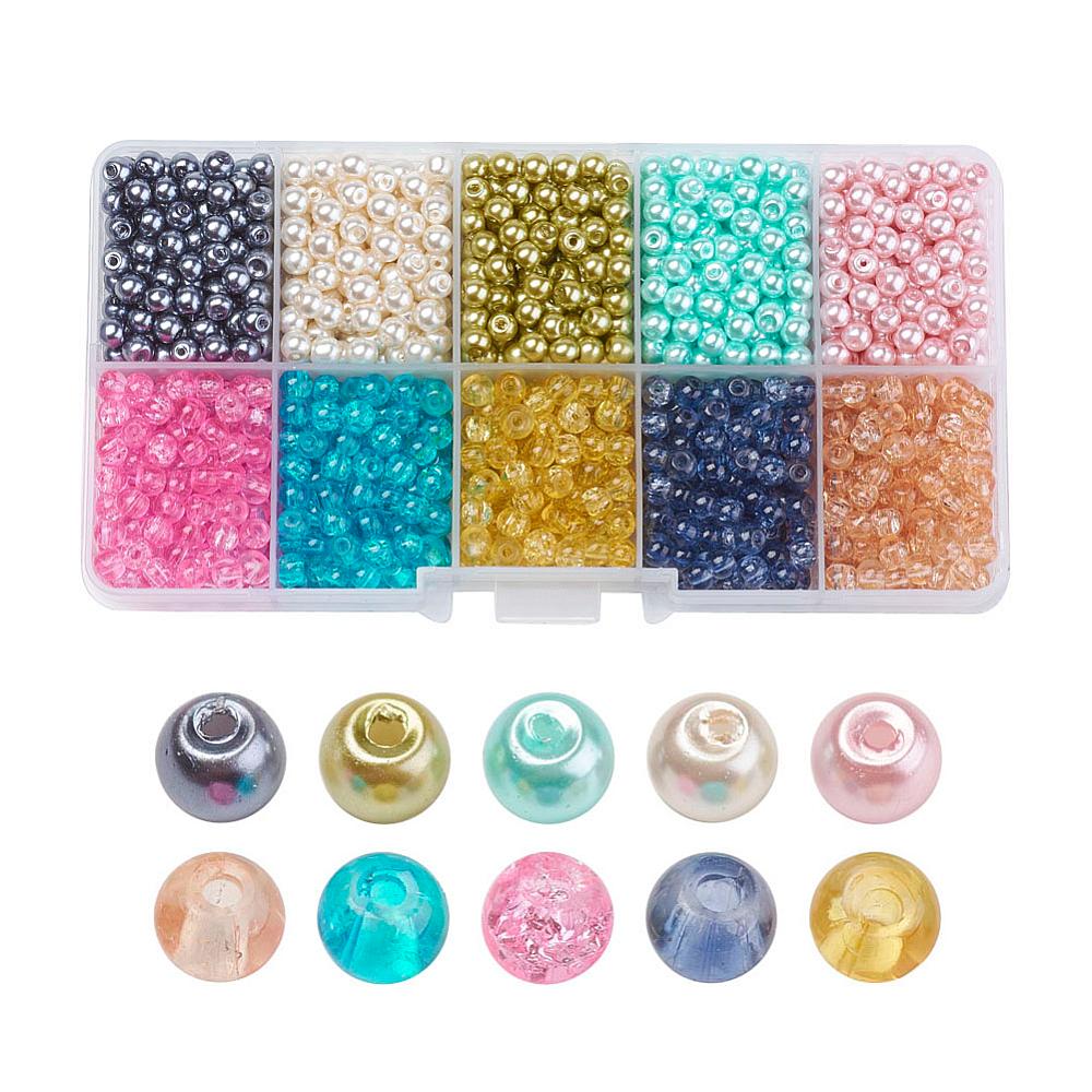 Pärlmix i förvaringsask,MIX , 10mm Crackle & Vaxade, ca 100st pärlor