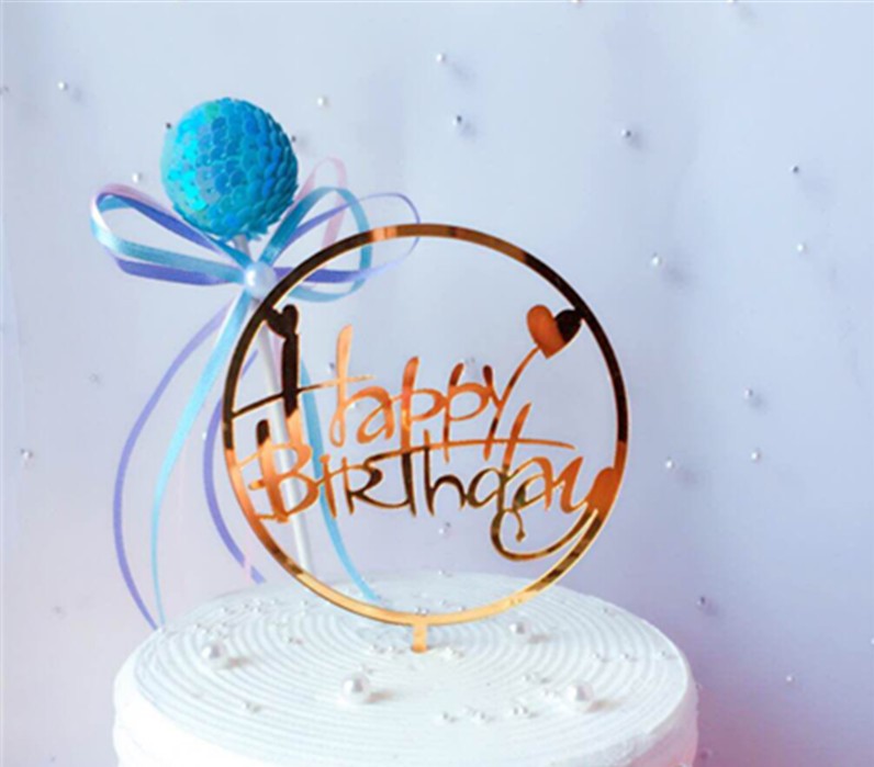 Cake Topper / Tårtdekoration i akryl - "Happy Birthday",   Guld m hjärtan