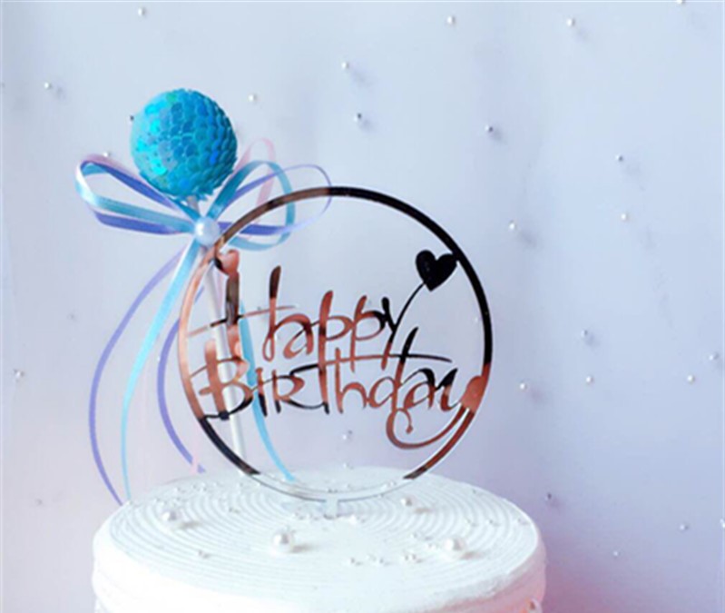 Cake Topper, acrylic, Happy Birtday,  silver w hearts