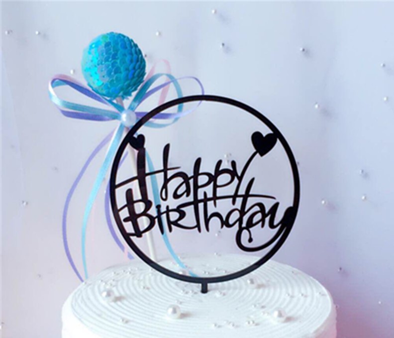 Cake Topper, acrylic, Happy Birtday,  black w hearts
