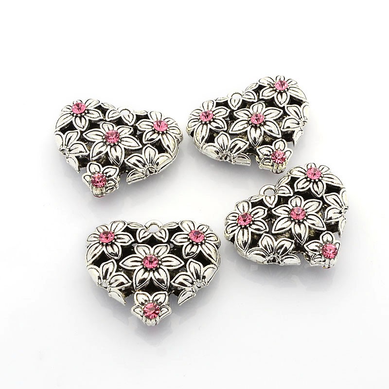 Stort Lyxhänge -Antiksilver Blommigt hjärta, Rosa - 3