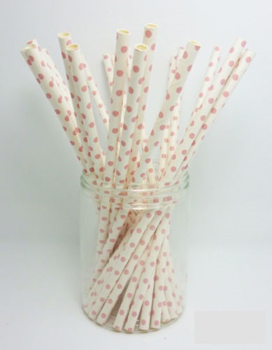 Sugrör i papper -  Small dots - Vit/ Rosa