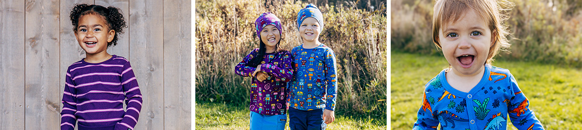 Horizontal photo collage with three photos of children wearing different children's clothes