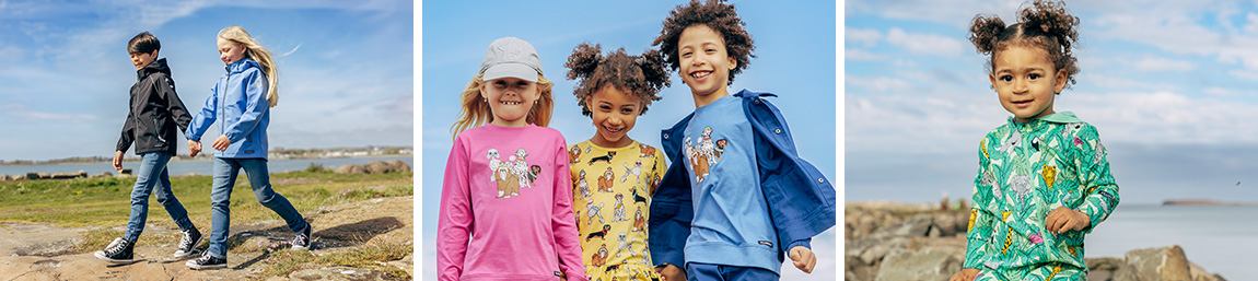 Horizontal photo collage with three photos of children wearing different children's clothes