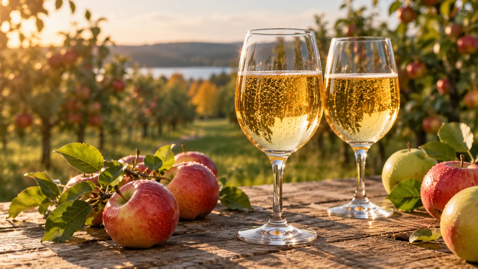 Hjemmelavet æblecider i glas med friske æbler på et træbord